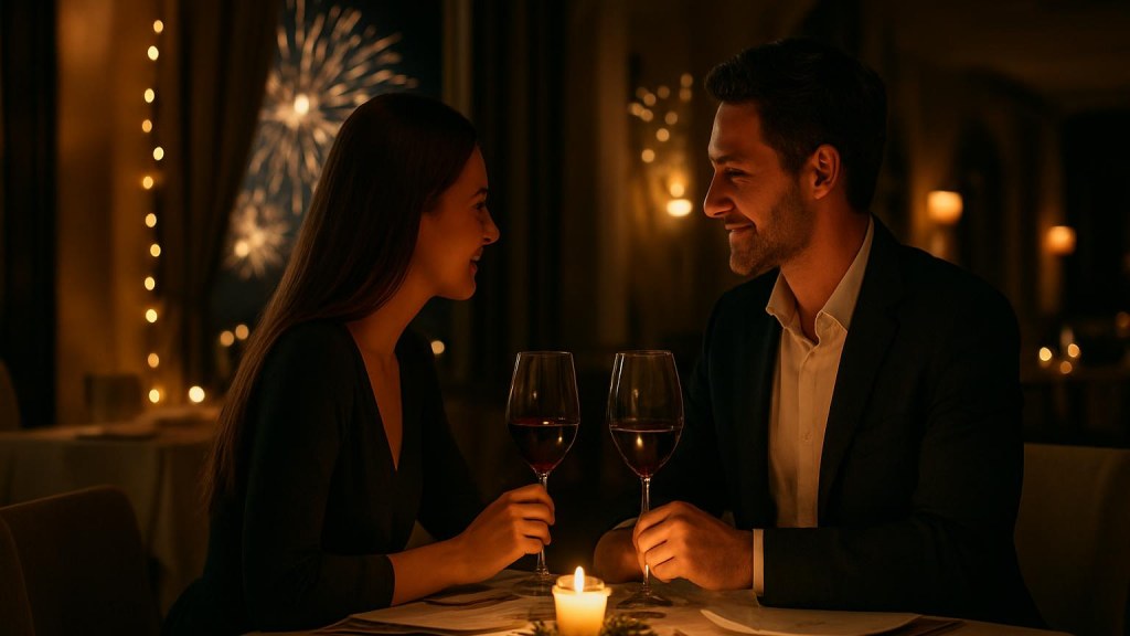 Capodanno romantico a Lecce: hotel, cena e idee per coppie Coppia durante una cena romantica di Capodanno